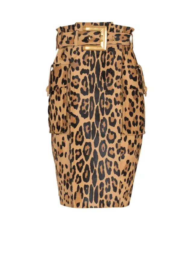 Balmain Ponyskin-style leather midi skirt with leopard pattern