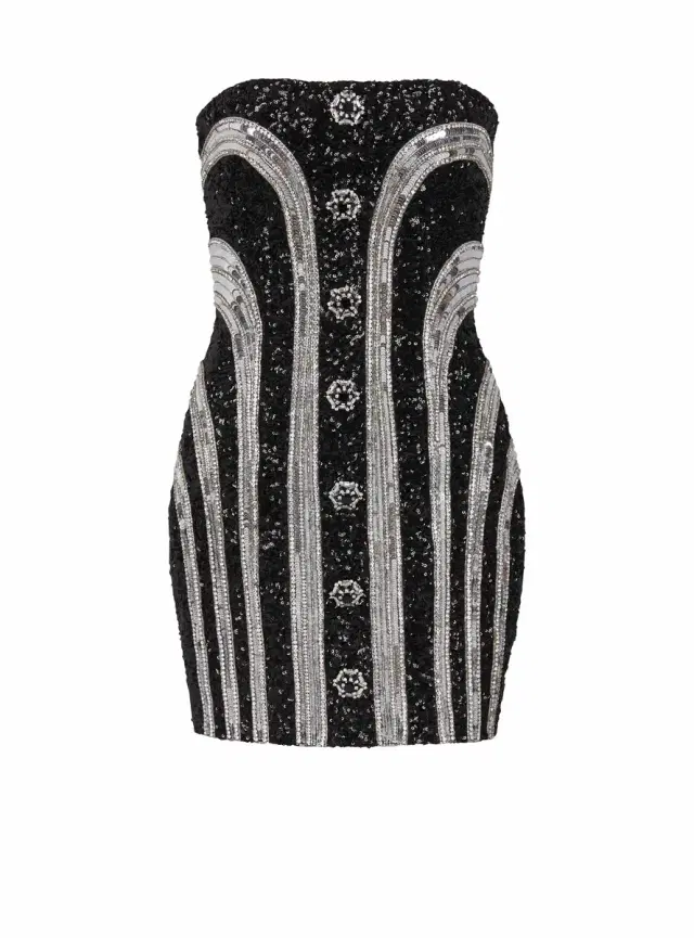 Balmain Embroidered Bustier Stripe Short Dress