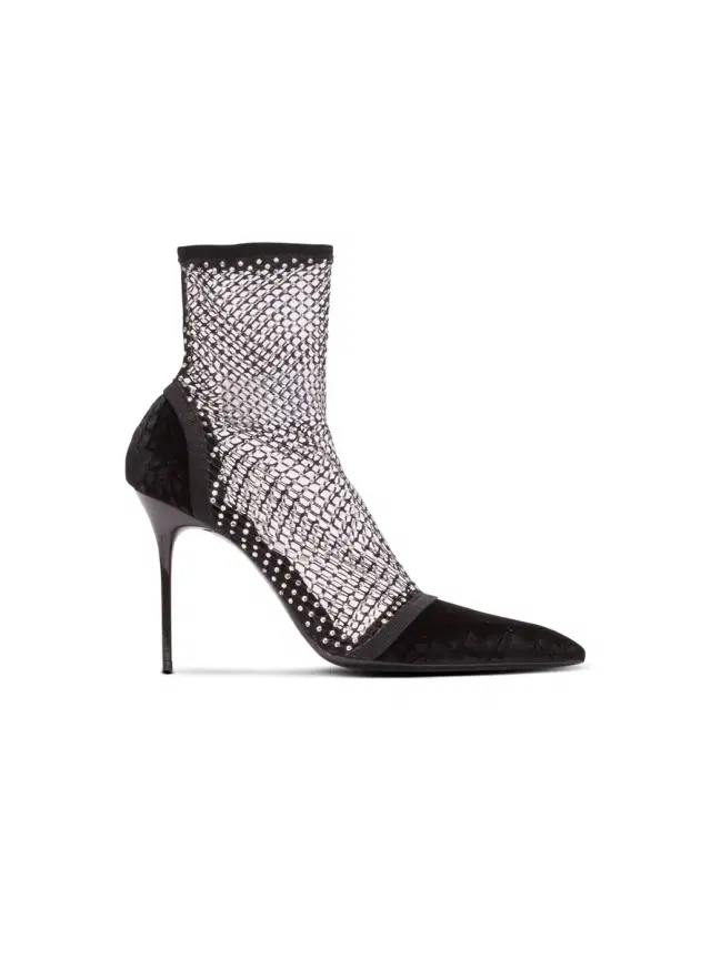 Balmain Mesh heeled ankle boots with velvet and rhinestones