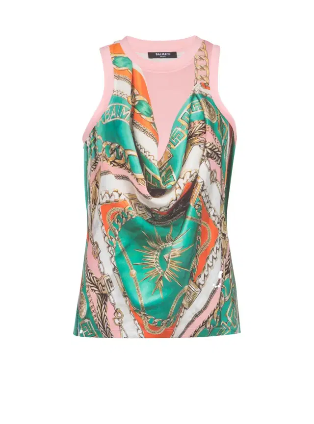 Balmain Trompe-l'ail-style  Foulard print vest top