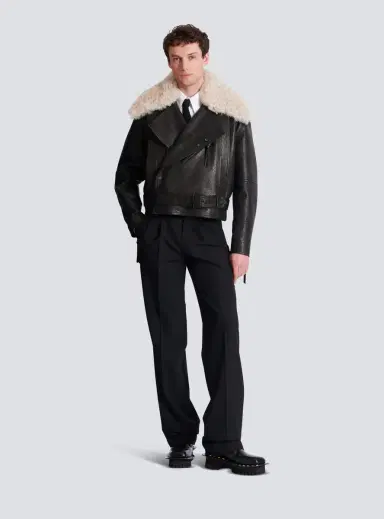 Balmain Leather jacket with shearling collar | Thumbnail 2