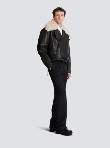 Balmain Leather jacket with shearling collar | Thumbnail 3