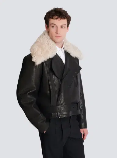 Balmain Leather jacket with shearling collar | Thumbnail 5