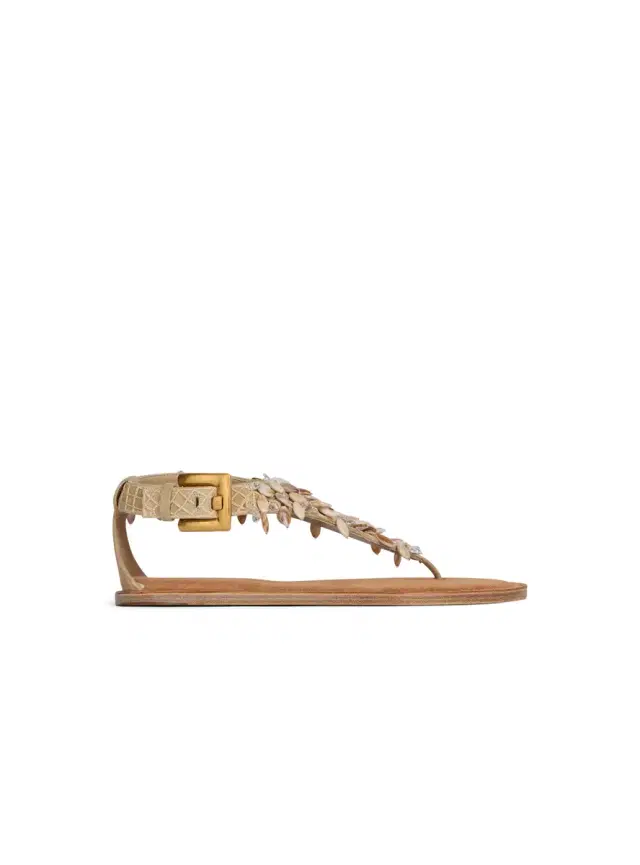 Flat sandals in suede, cotton and beads