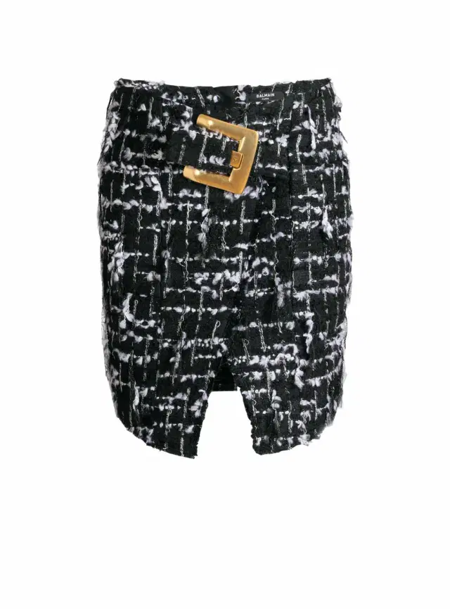 Belted fringed tweed skirt