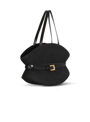 Balmain Shuffle Medium bag in calfskin leather and raffia | Thumbnail 3