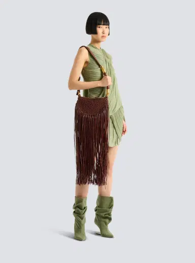 Balmain Fringed Ébène Hobo Mini bag in woven leather | Thumbnail 2