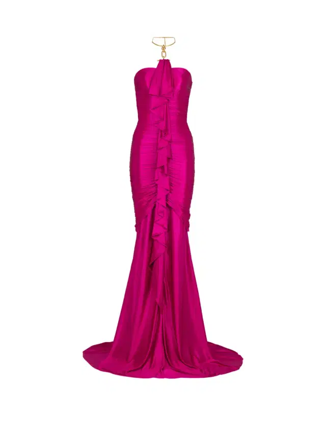 Balmain Long draped bustier dress with embellished detail