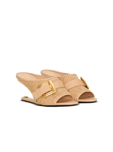 Balmain Anthem No Wedge mules in smooth leather and raffia | Thumbnail 3