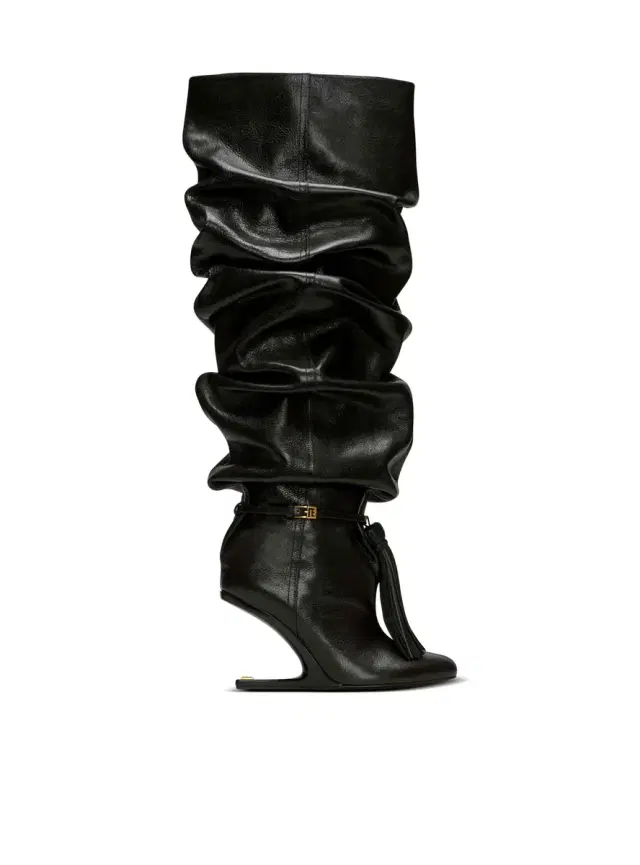 Balmain No Wedge textured leather thigh-high boots with tassel