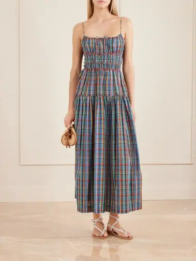 DÔEN Brielle Gathered Checked Organic Cotton Midi Dress | Thumbnail 2