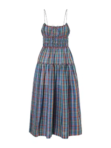 DÔEN Brielle Gathered Checked Organic Cotton Midi Dress | Thumbnail 1