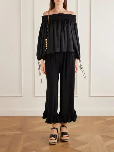 Chloé Ruffled Silk Crepe De Chine Wide-leg Pants | Thumbnail 2 Chloé Ruffled Silk Crepe De Chine Wide-leg Pants | Thumbnail 2
