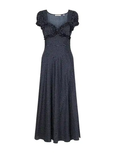 DÔEN Valerine Gathered Polk-dot Silk-blend Twill Maxi Dress | Thumbnail 1 DÔEN Valerine Gathered Polk-dot Silk-blend Twill Maxi Dress | Thumbnail 1
