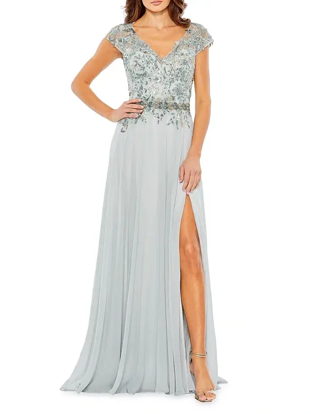 Women's Embellished Cap-Sleeve Tulle Gown - Sea Mist