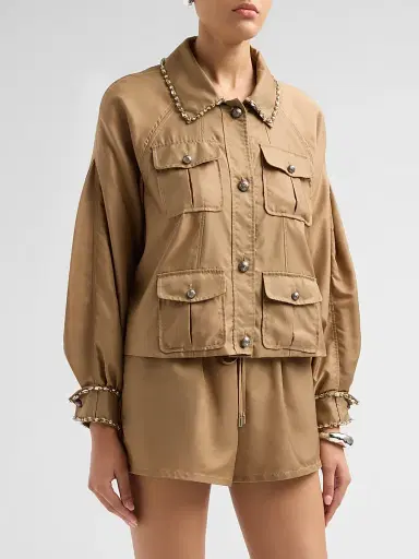 Cinq à Sept Women's Adami Rhinestone Chain Utility Jacket - Brown Sandstone - Size XL | Thumbnail 4 Cinq à Sept Women's Adami Rhinestone Chain Utility Jacket - Brown Sandstone - Size XL | Thumbnail 4