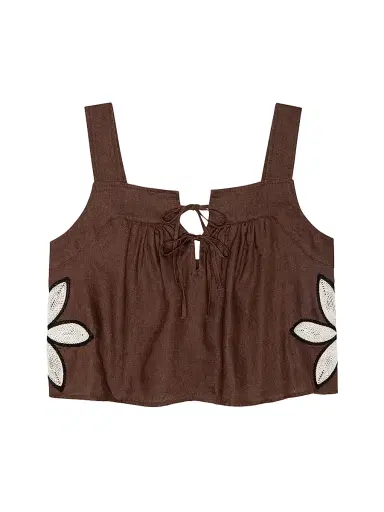 RAILS Women's Calais Crochet Flower Linen Top - Cocoa Floral Embroidery - Size XS | Thumbnail 1 RAILS Women's Calais Crochet Flower Linen Top - Cocoa Floral Embroidery - Size XS | Thumbnail 1