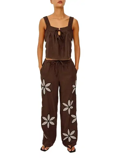 RAILS Women's Emmie Crochet Floral Linen Pants - Cocoa Floral Embroidery - Size XS | Thumbnail 2