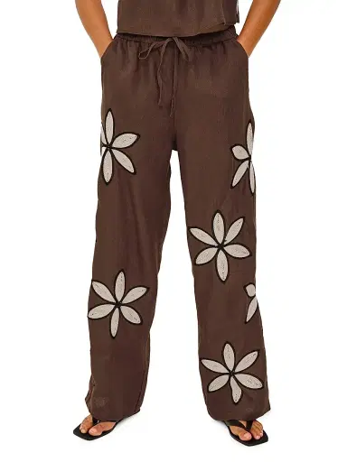 RAILS Women's Emmie Crochet Floral Linen Pants - Cocoa Floral Embroidery - Size XS | Thumbnail 3