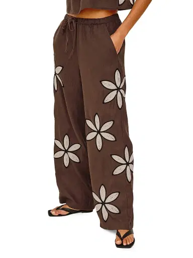 RAILS Women's Emmie Crochet Floral Linen Pants - Cocoa Floral Embroidery - Size XS | Thumbnail 4