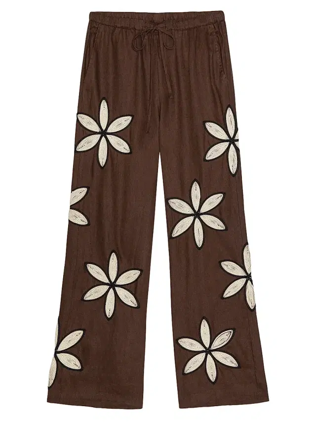 Rails Women's Emmie Crochet Floral Linen Pants - Cocoa Floral Embroidery