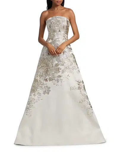 Teri Jon by Rickie Freeman Women's Strapless Metallic Jacquard A-Line Gown - Beige Multi - Size 18 | Thumbnail 2