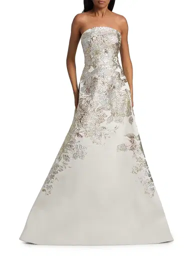 Teri Jon by Rickie Freeman Women's Strapless Metallic Jacquard A-Line Gown - Beige Multi - Size 18 | Thumbnail 3