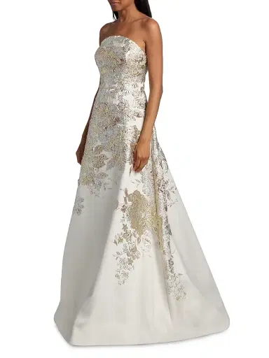Teri Jon by Rickie Freeman Women's Strapless Metallic Jacquard A-Line Gown - Beige Multi - Size 18 | Thumbnail 4