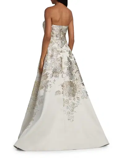 Teri Jon by Rickie Freeman Women's Strapless Metallic Jacquard A-Line Gown - Beige Multi - Size 18 | Thumbnail 5