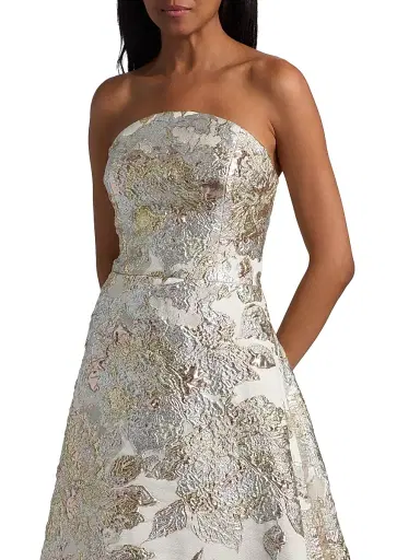 Teri Jon by Rickie Freeman Women's Strapless Metallic Jacquard A-Line Gown - Beige Multi - Size 18 | Thumbnail 6