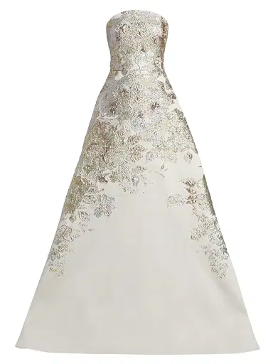 Teri Jon by Rickie Freeman Women's Strapless Metallic Jacquard A-Line Gown - Beige Multi - Size 18 | Thumbnail 1