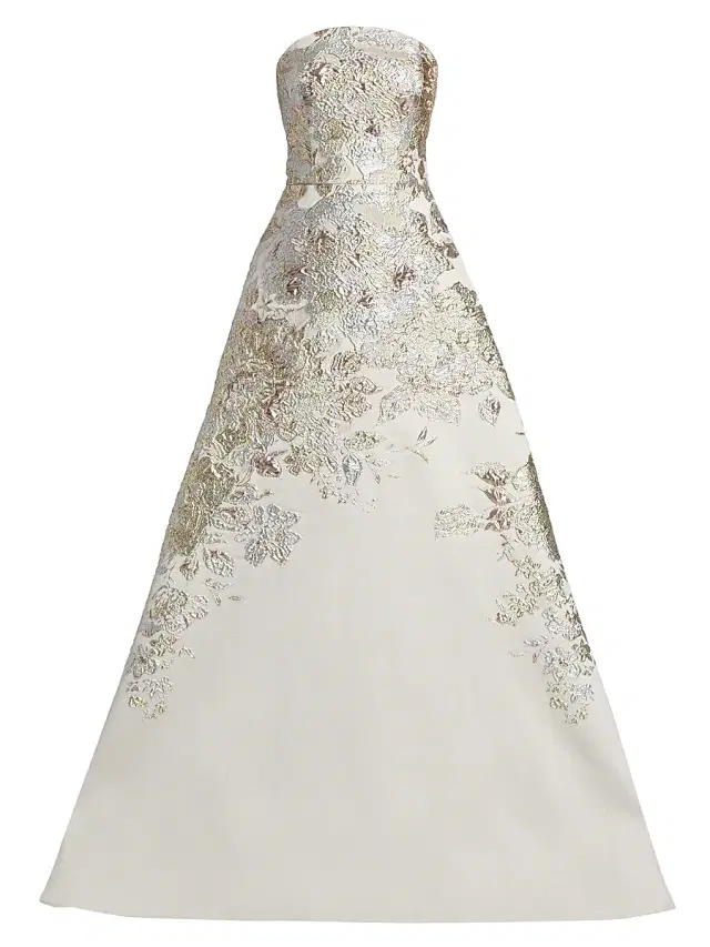 Women's Strapless Metallic Jacquard A-Line Gown - Beige Multi