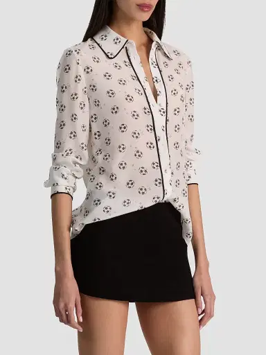 ALICE + OLIVIA Women's Willa Soccer-Print Silk Shirt - Gold Off White | Thumbnail 6 ALICE + OLIVIA Women's Willa Soccer-Print Silk Shirt - Gold Off White | Thumbnail 6