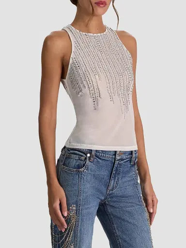 Alice + Olivia Women's Pania Embellished Top - Off White Clear Crystal | Thumbnail 6
