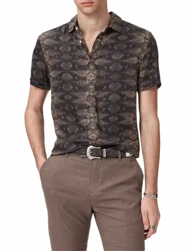 JOHN VARVATOS Men's Loren Snake-Print Short-Sleeve Shirt - Light Khaki - Size XL | Thumbnail 5
