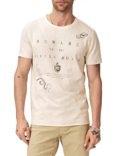 JOHN VARVATOS Men's Beware Raw-Edge Crewneck T-Shirt - Buttercream - Size XL | Thumbnail 3 JOHN VARVATOS Men's Beware Raw-Edge Crewneck T-Shirt - Buttercream - Size XL | Thumbnail 3