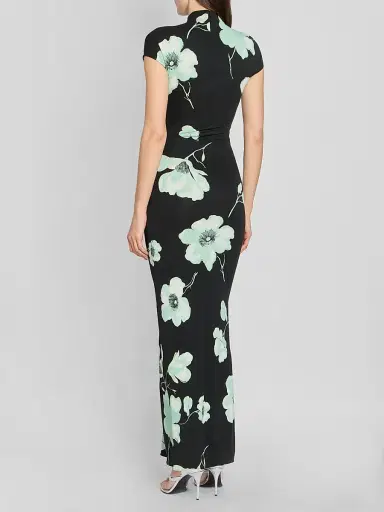 ALAIA Women's Floral Jersey Draped Maxi Dress - Noir Aqua | Thumbnail 3