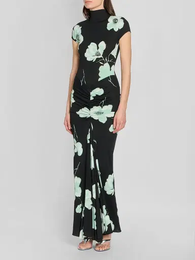 ALAIA Women's Floral Jersey Draped Maxi Dress - Noir Aqua | Thumbnail 4