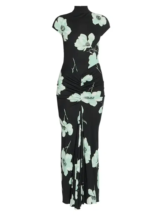 ALAIA Women's Floral Jersey Draped Maxi Dress - Noir Aqua