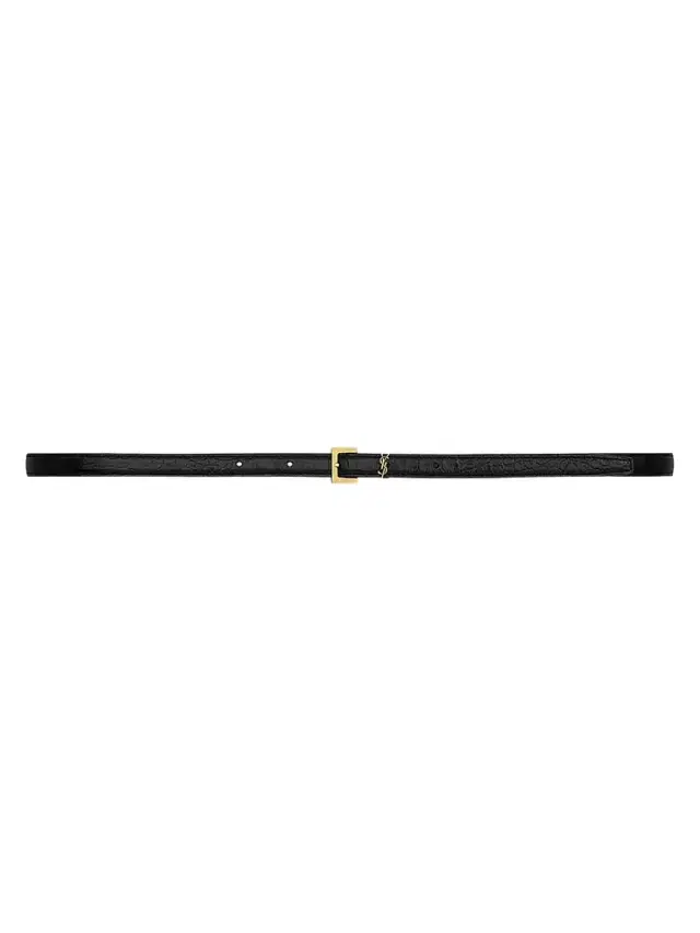 Saint Laurent Women's Cassandre Extra Thin Belt in Crocodile-Embossed Leather - Black
