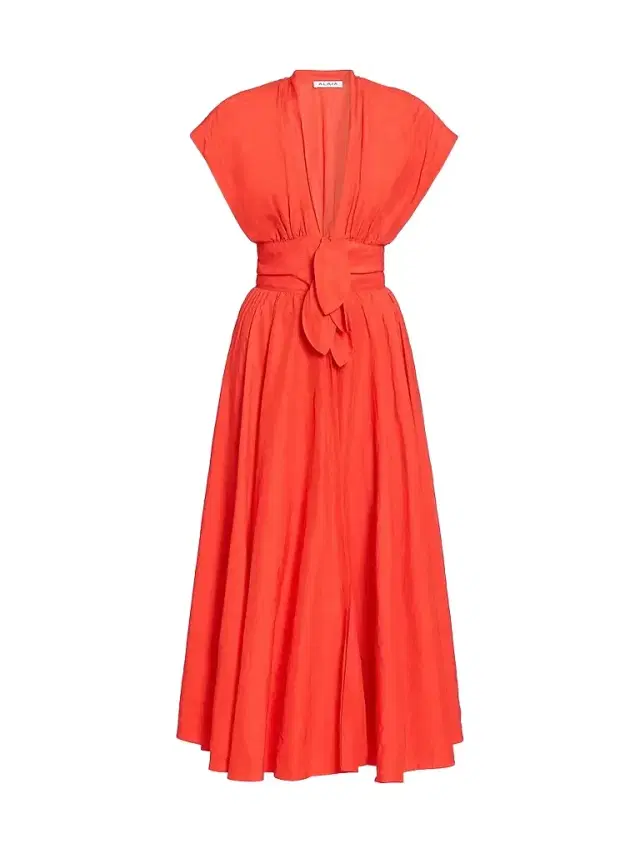 ALAIA Women's Plunging Knotted Linen-Blend Midi Dress - Rouge Vermillon