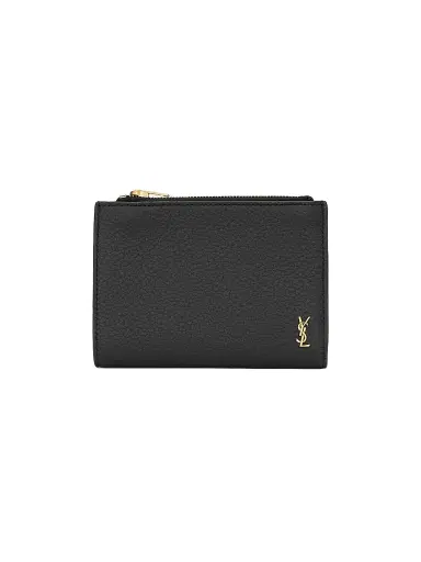 Saint Laurent Men's Tiny Cassandre Bi-Fold Wallet in Grained Leather - Black | Thumbnail 1
