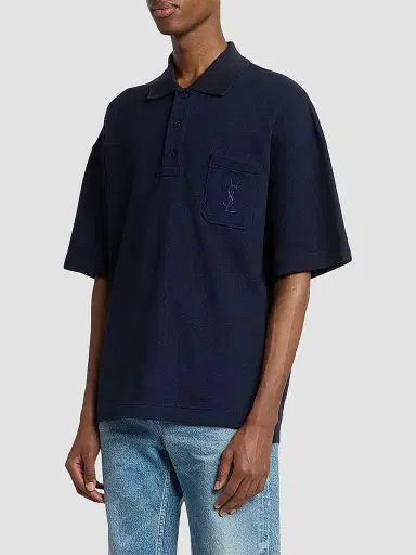 Saint Laurent Men's Cassandre Polo Shirt in Cotton Pique - Bleu Minuit | Thumbnail 3