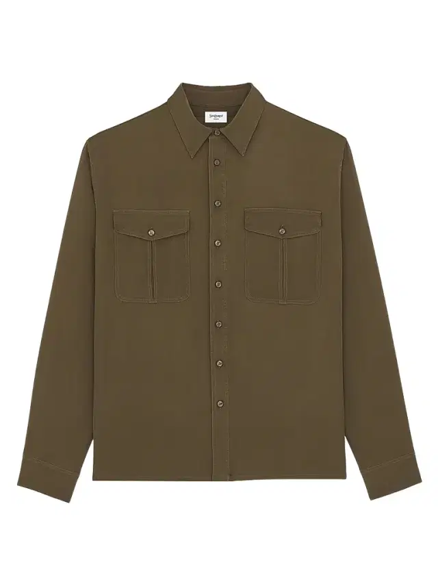 Saint Laurent Men's Shirt in Silk Satin-Back Crepe - Kaki
