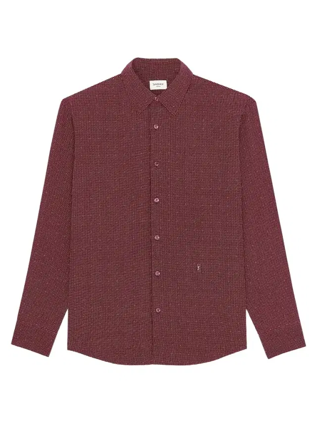 Saint Laurent Men's Cassandre Dotted Shirt in Crepe De Chine - Bordeaux Craie