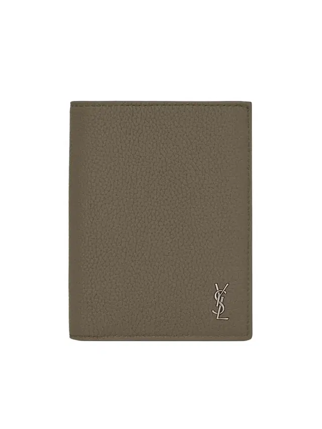 Saint Laurent Men's Tiny Cassandre Credit Card Wallet in Grained Leather - Dark Khaki