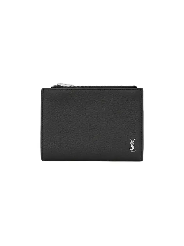 Saint Laurent Men's Tiny Cassandre Bi-Fold Wallet in Grained Leather - Black