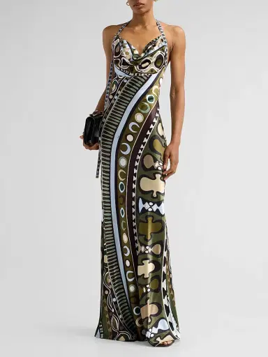 Pucci Women's L'Alba Printed Halter Maxi Dress - Khaki Blue | Thumbnail 4