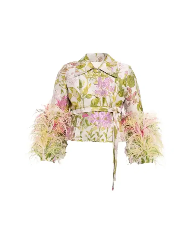 Dianthus Jacquard Feather-Trim Single-Breasted Jacket