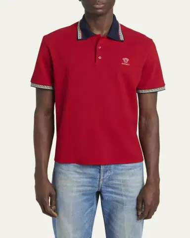 Versace Men's Greca-Trim Cotton Pique Medusa Polo Shirt | Thumbnail 4 Versace Men's Greca-Trim Cotton Pique Medusa Polo Shirt | Thumbnail 4